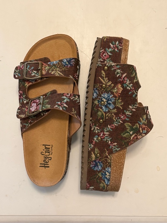 Corkys Shoes - Corkys Brown Floral Double-Strap Slide Sandals